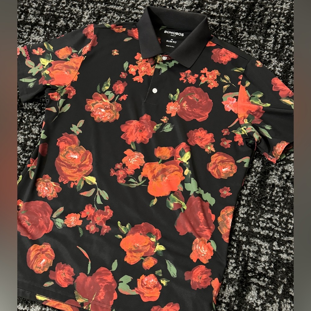 BONOBOS GOLF POLO SLIM FIT BLACK FLORAL STRETCH SIZE MEDIUM